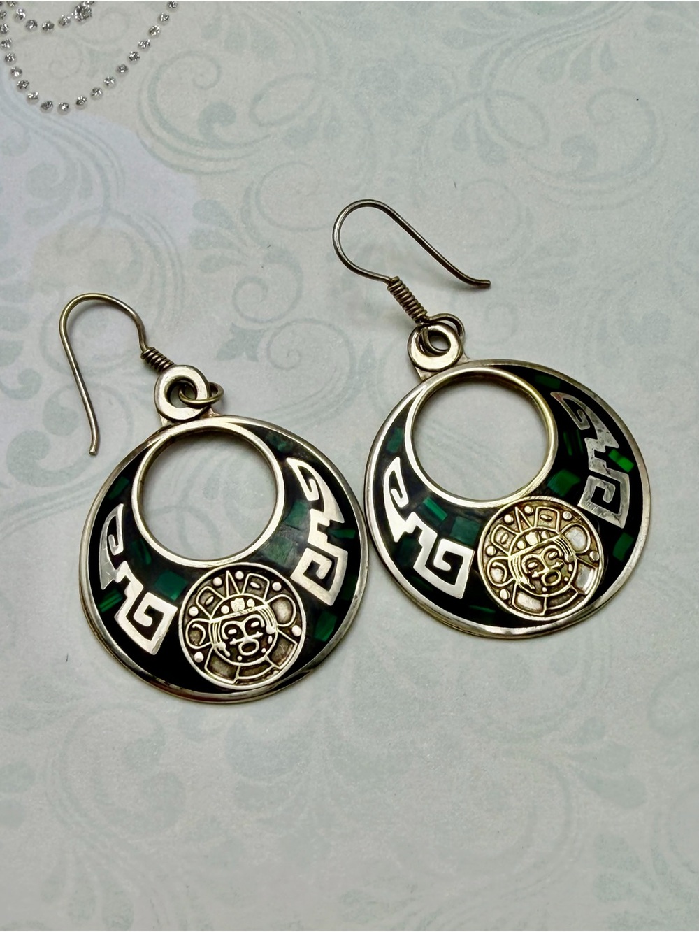 Sterling Silver Green Inlay Mayan Drop Earrings -